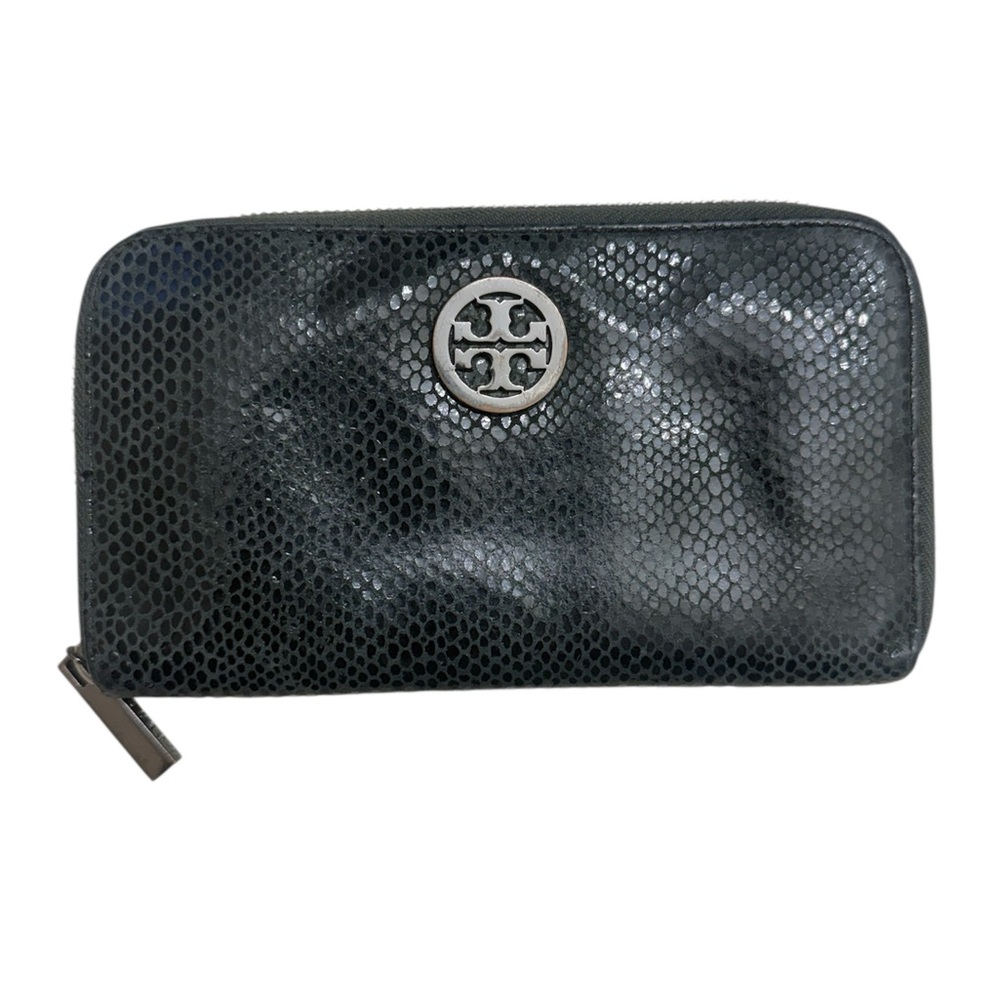 Tory Burch Black Textured Zip-Around Wallet with Silver Logo